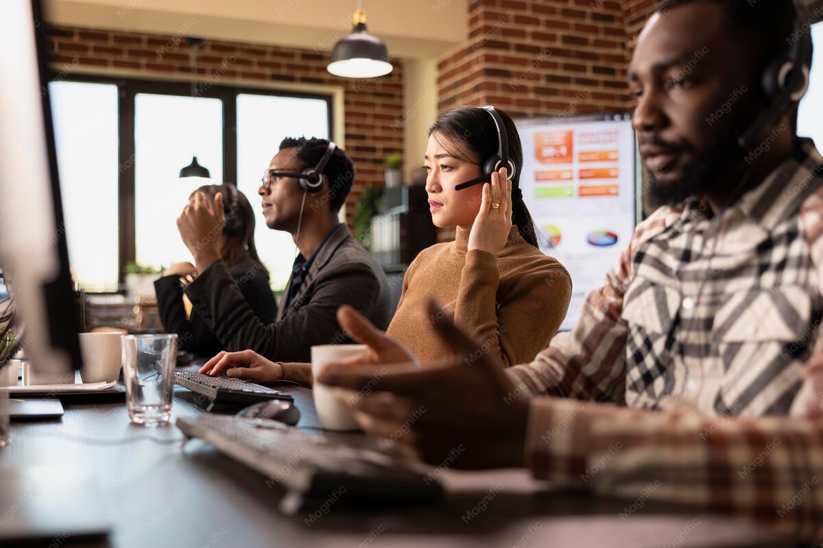 Customer support team collaborating at their desks